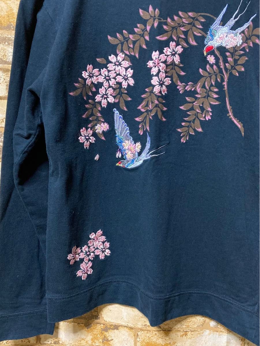 used 悟空本舗 ゴクー 刺繍＋プリント 和柄長袖 Tシャツ 薄手スウェットシャツ 裏毛 S ブラック GO-COO メンズ