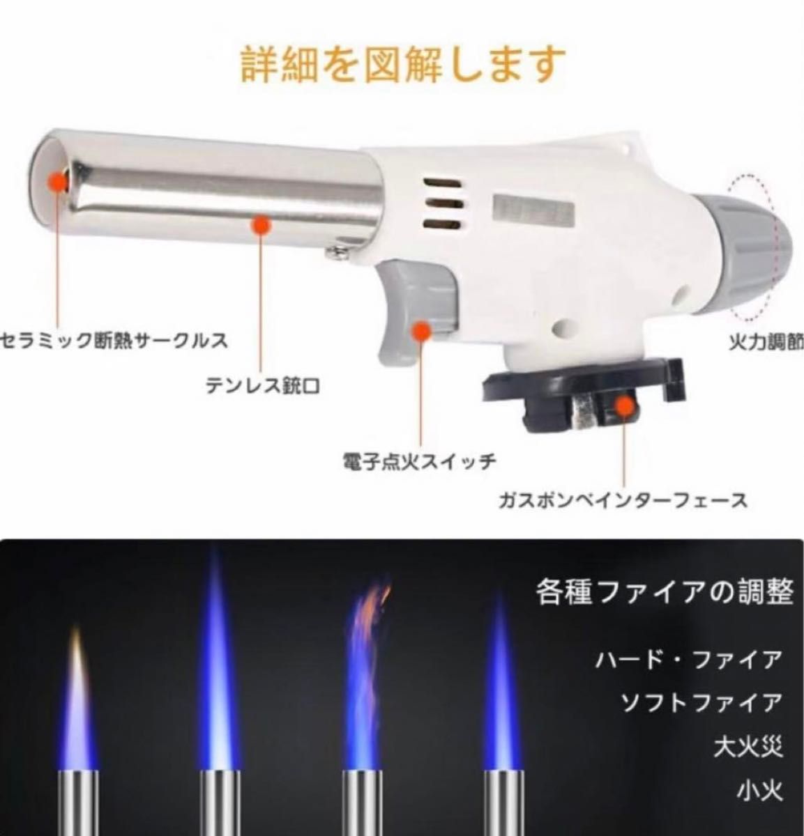 トーチバーナー ガスバーナー 料理用 アウトドア 炎調整可能 片手着火 溶接