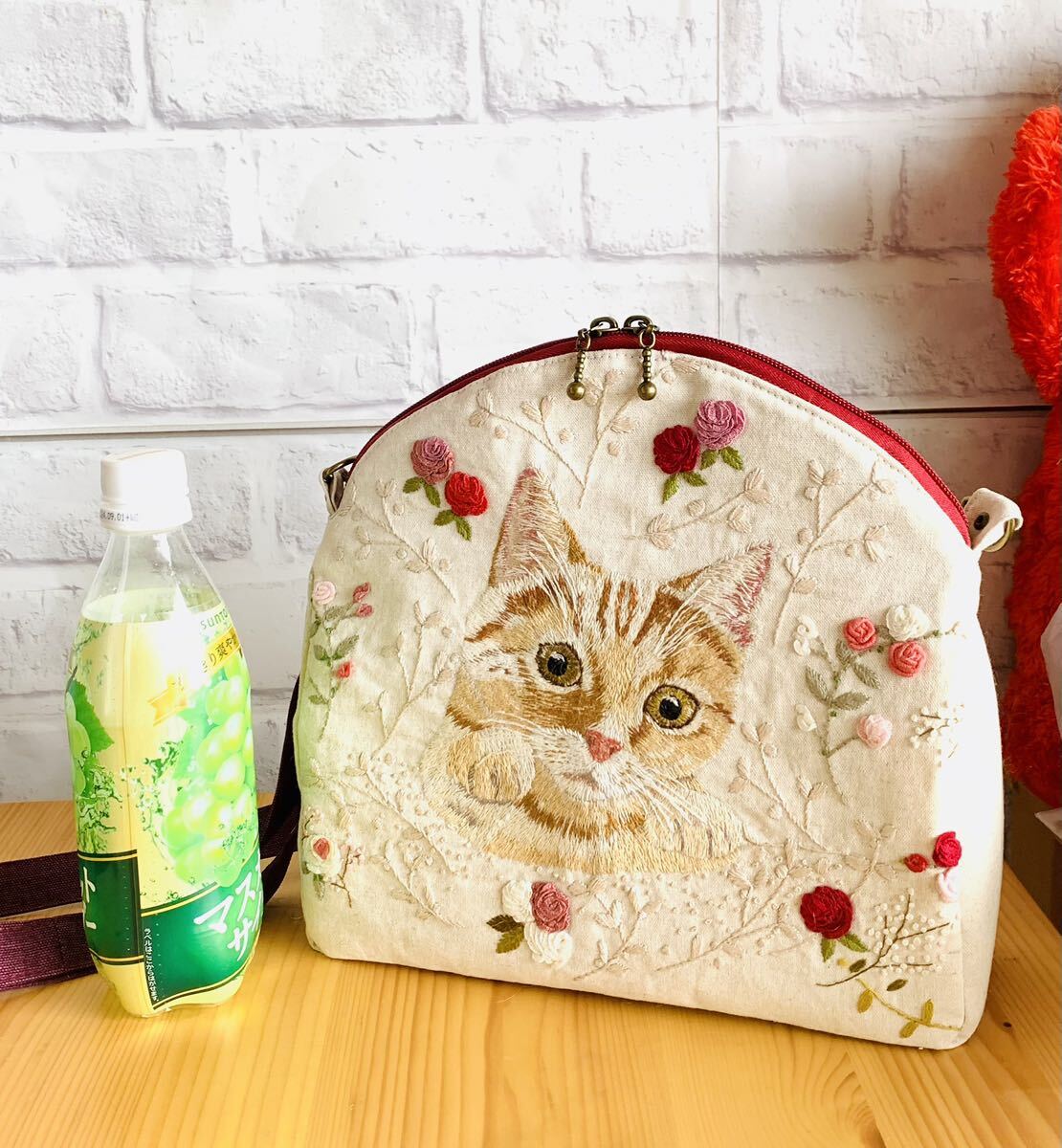 2WAY♪リュック&ショルダーバッグ リアルねこ刺繍 ハンドメイド ボタニカル コットンリネン 手作り ちくみんち