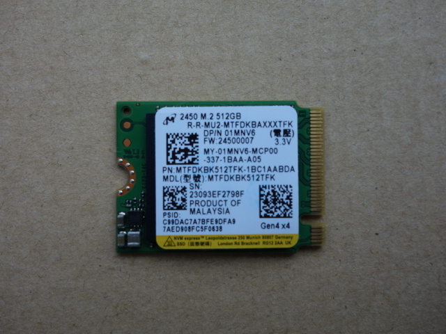 Crucial Micron 2450 M.2 2230 SSD 512GB Gen4 176層 TLC NAND 使用時間/4時間 総書込量/119GB TBW/300TB ほぼ新品_画像1