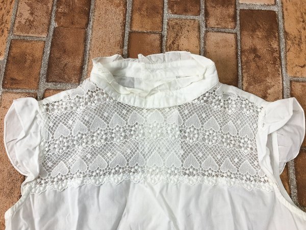 ROPE Rope lady's race switch French sleeve frill blouse made in Japan M white cotton 