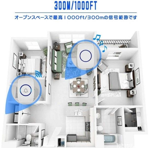 ワイヤレスチャイム 受信機1個 送信機1個 4段階音量36メロディー(色：ブラック)