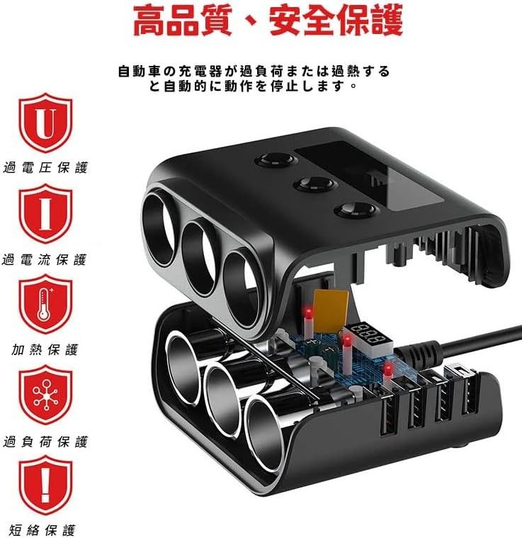 シガーソケット3連 4ポート付き USB充電器 120W 最大電流3.6A QC3.0 急速充電搭載 取り替えヒューズ付き