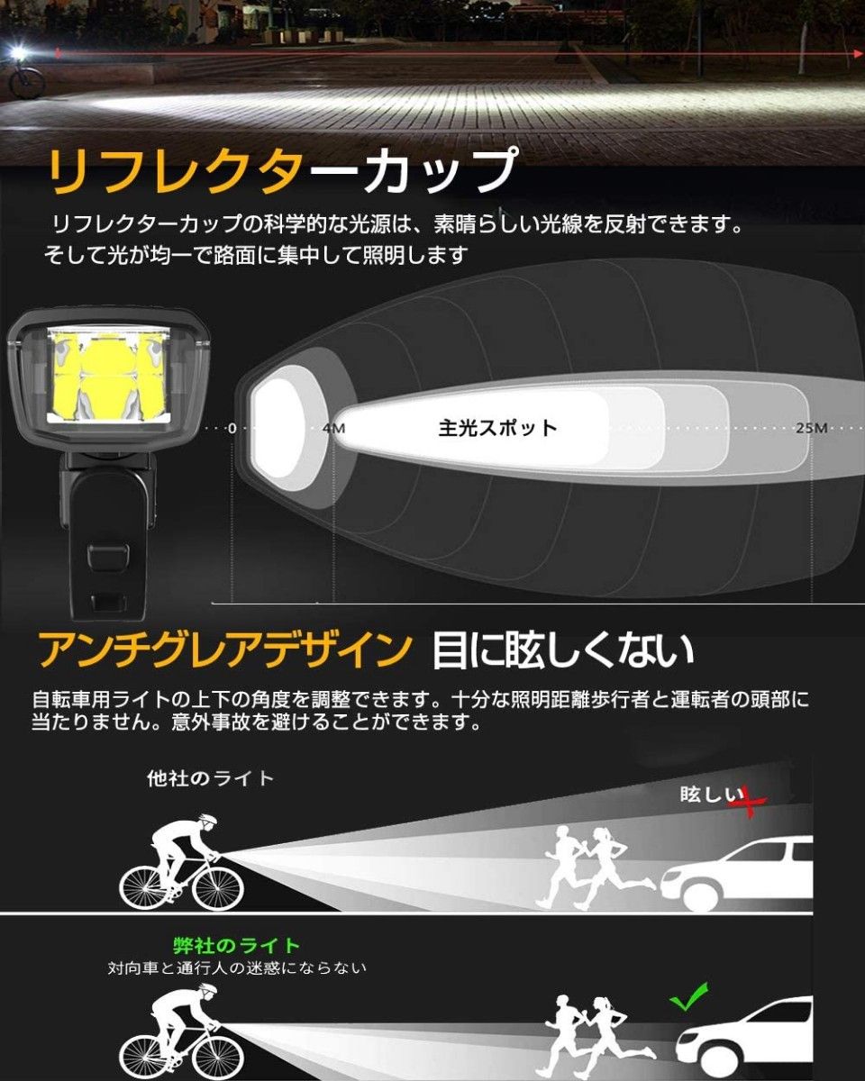 自転車ライト 光センサー搭載 4段階照明モード USB充電式 LED懐中電灯兼用