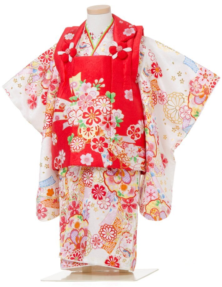 * кимоно Town * "Семь, пять, три" кимоно 3 лет . ткань комплект натуральный шелк девочка Kyoto цветок .. цветок машина 3 кремовый цвет. кимоно красный. . ткань пальто hifuset-00034