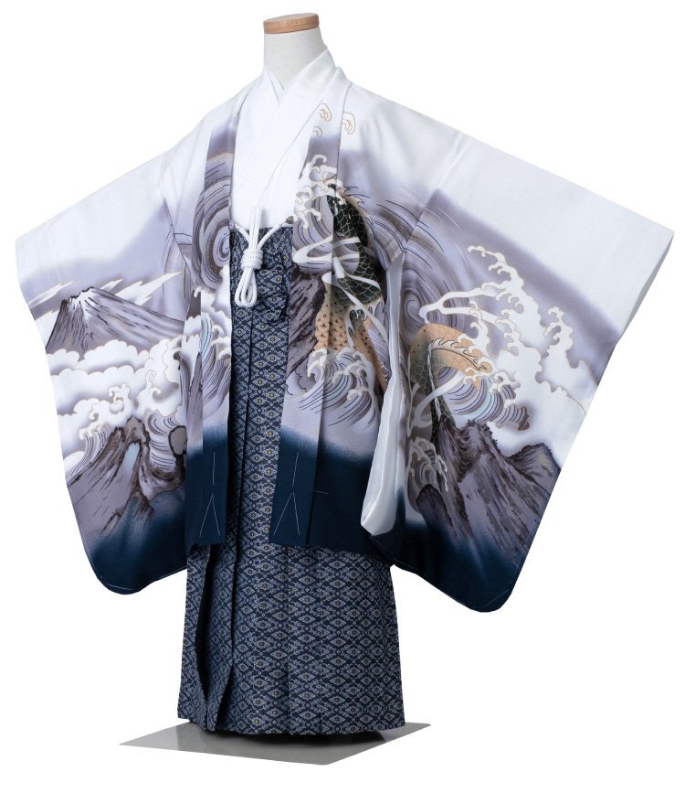 * кимоно Town * "Семь, пять, три" кимоно мужчина . лет 13 пункт полный комплект перо тканый hakama комплект белый белый дракон дракон гора Фудзи волна totalset-00027