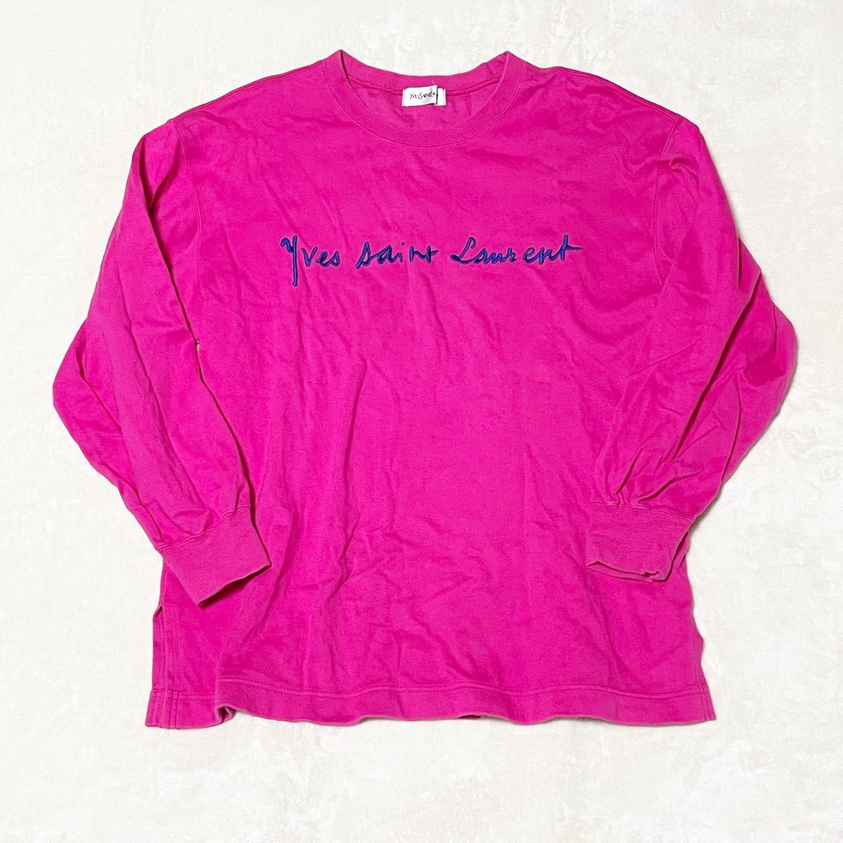 90sヴィンテージ YVES SAINT LAURENT イヴサンローラン スウェット ロゴ刺繍 ピンク ロンT Mサイズ 福助