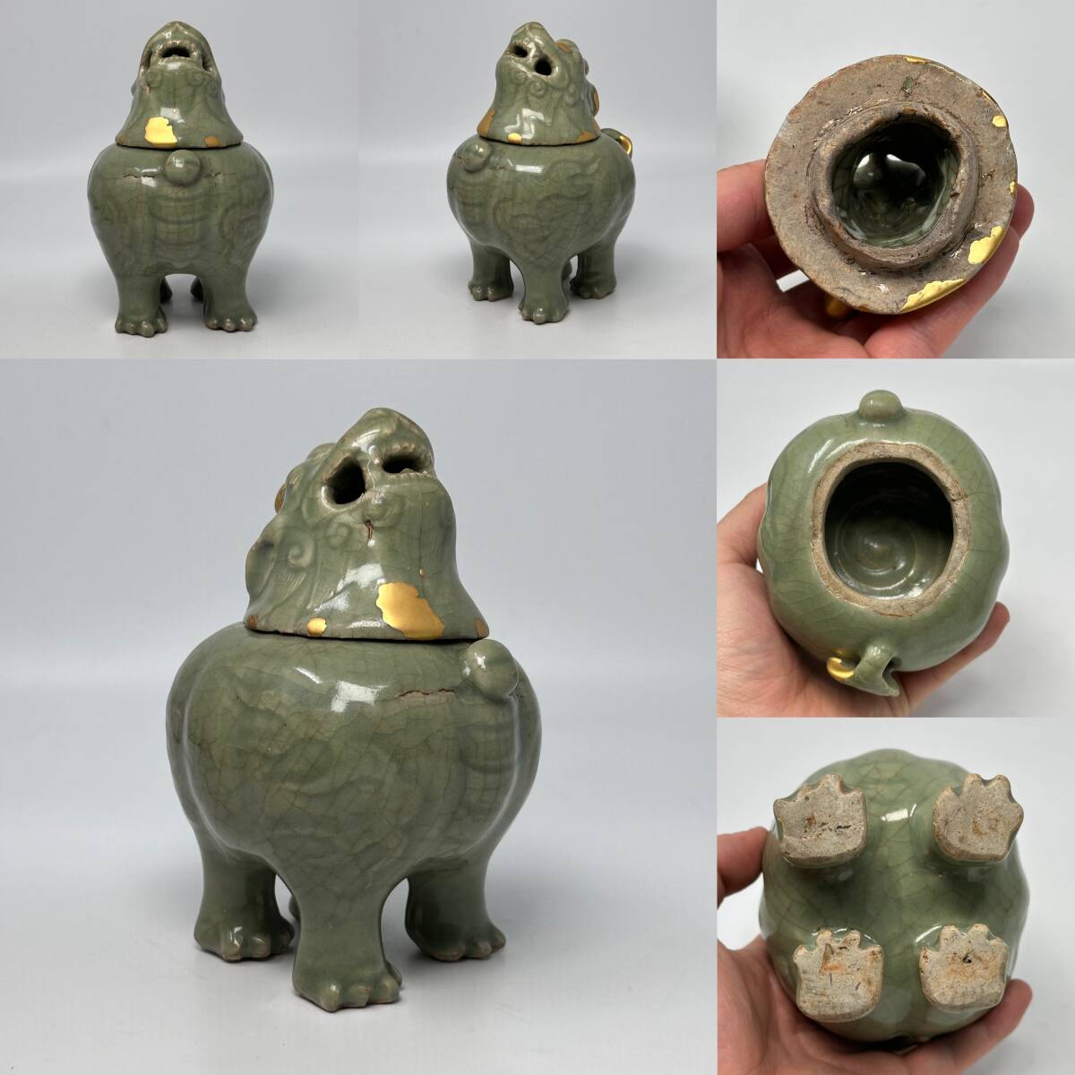 時代物 旧家整理品 明朝期 天龍寺青磁獅子香炉 ニュウと時代金繕有り 古物保証（龍泉窯 朝鮮 高麗 李朝 煎茶道具 中国美術 骨董 唐物 青花_画像1