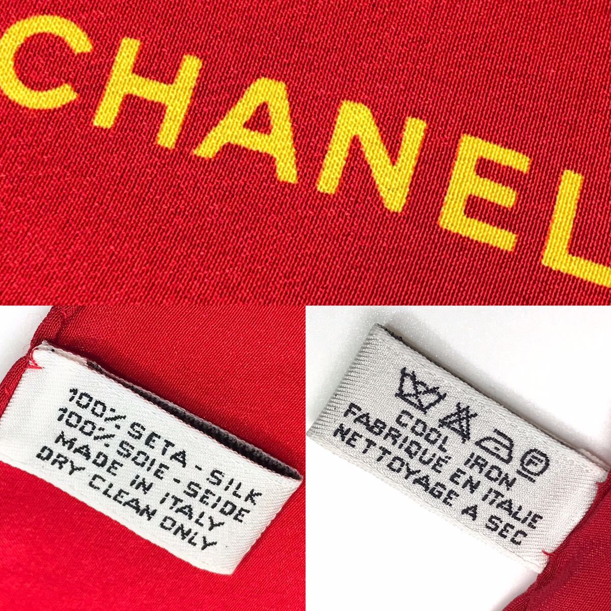 ★極美品／ケース付★CHANEL シャネル ココマーク×ローズ×タッセル シルク スカーフ 大判 ワインレッド×ゴールド バイカラーの画像9