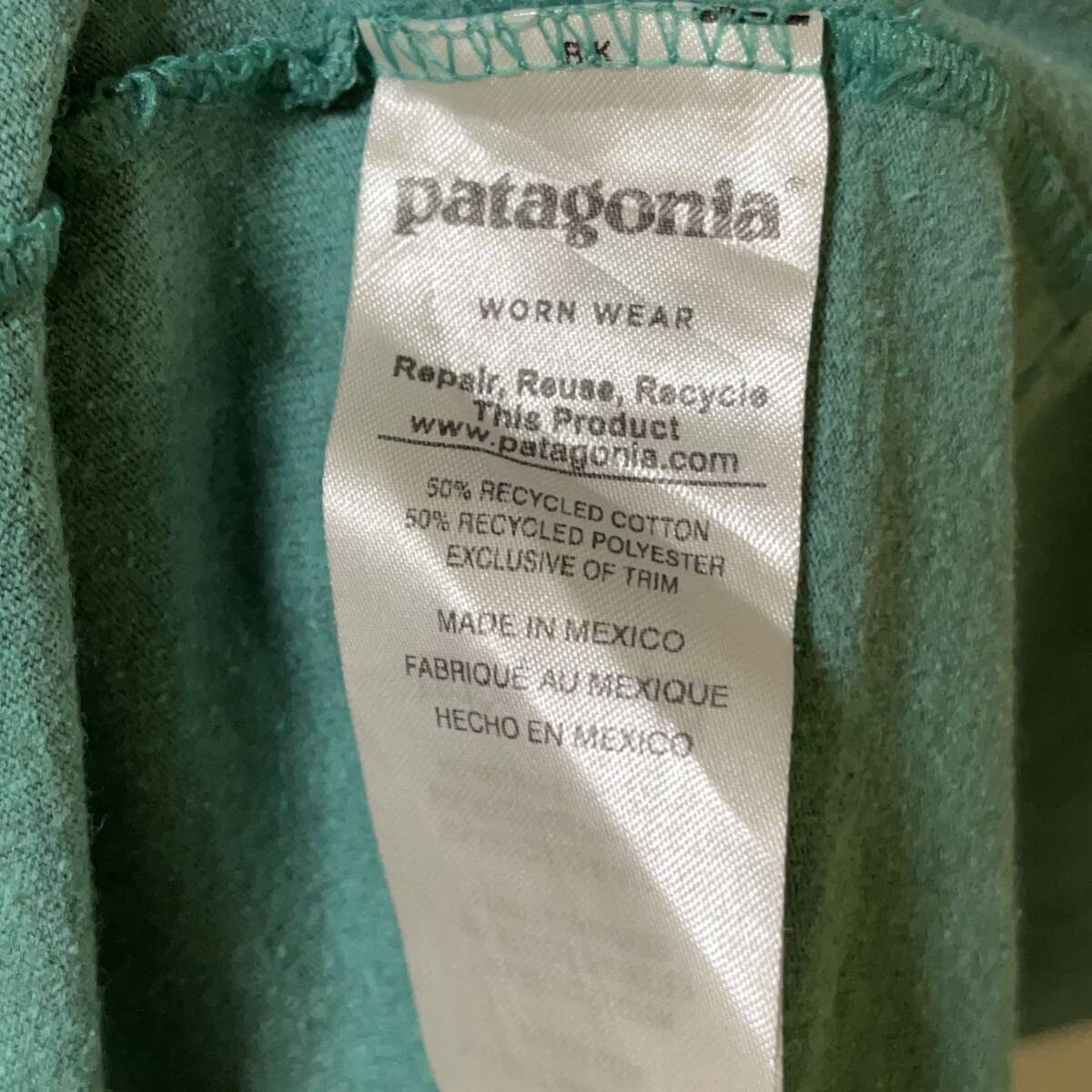 1 パタゴニア M アメリカ古着 メキシコ製 バックプリント リサイクルコットン ポリ混 半袖 Tシャツ グリーン  patagonia メンズの画像6