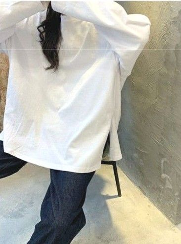 無地　長袖　クルーネック　サイドスリット　Tシャツ ロンT　さらテロ素材　柔らか　速乾　丈長め　大きいサイズ　白　ホワイト　XL