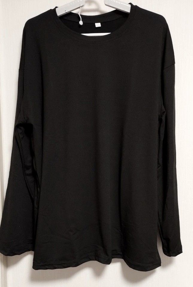 無地　長袖　クルーネック　Tシャツ ロンT　さらテロ素材　柔らか　速乾　丈長め　ゆったりめ　大きいサイズ　黒　ブラック　XL