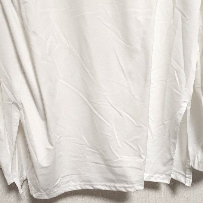 無地　長袖　クルーネック　サイドスリット　Tシャツ ロンT　さらテロ素材　柔らか　速乾　丈長め　大きいサイズ　白　ホワイト　XL