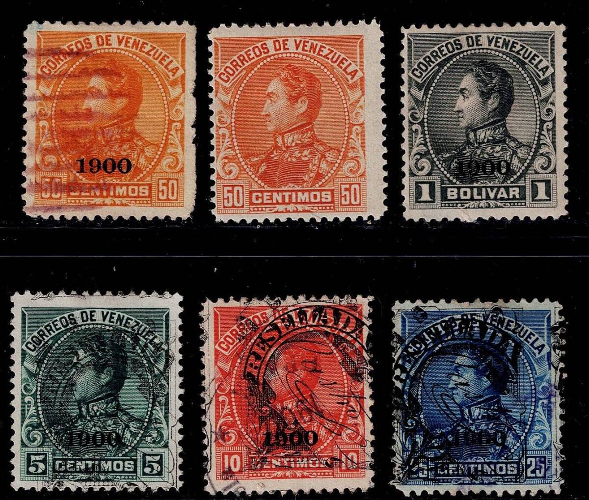 ★ヴェネズエラ　1900年　ボリバー初代大統領切手に年号加刷　5種他_画像1
