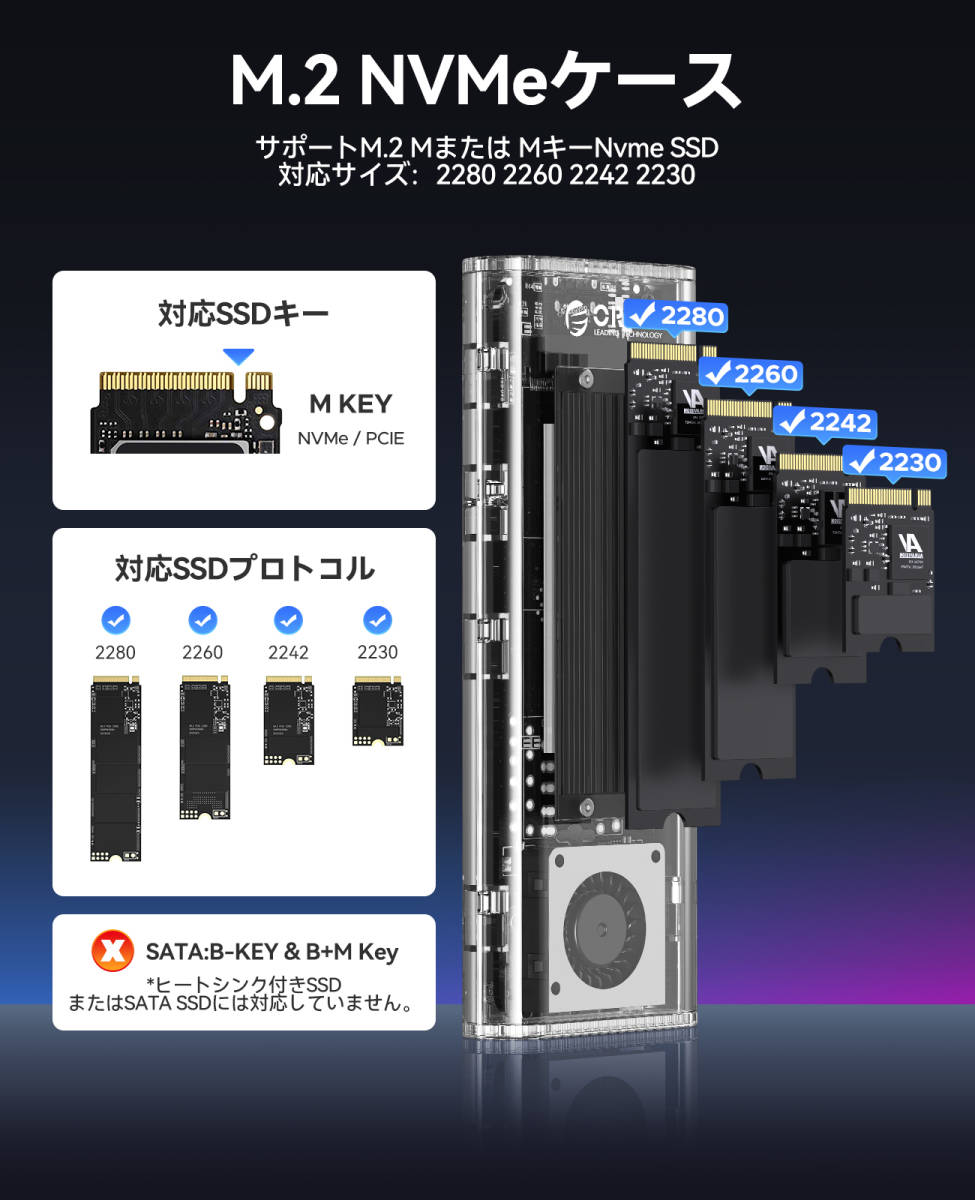 ORICO M.2 SSD 外付けケース 40Gbps 工具不要 USB4 NVMe M.2 SSDケース ファン内蔵の透明Thunderbolt 4 SSD ケース