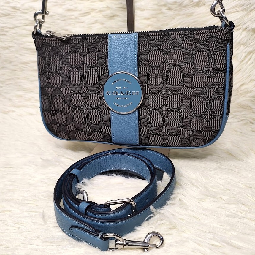 新品未使用 COACH コーチ C8306 ロニー バゲット シグネチャー キャンバス×レザー 2WAY ハンドバッグ ショルダーバッグ ブルー×グレー系