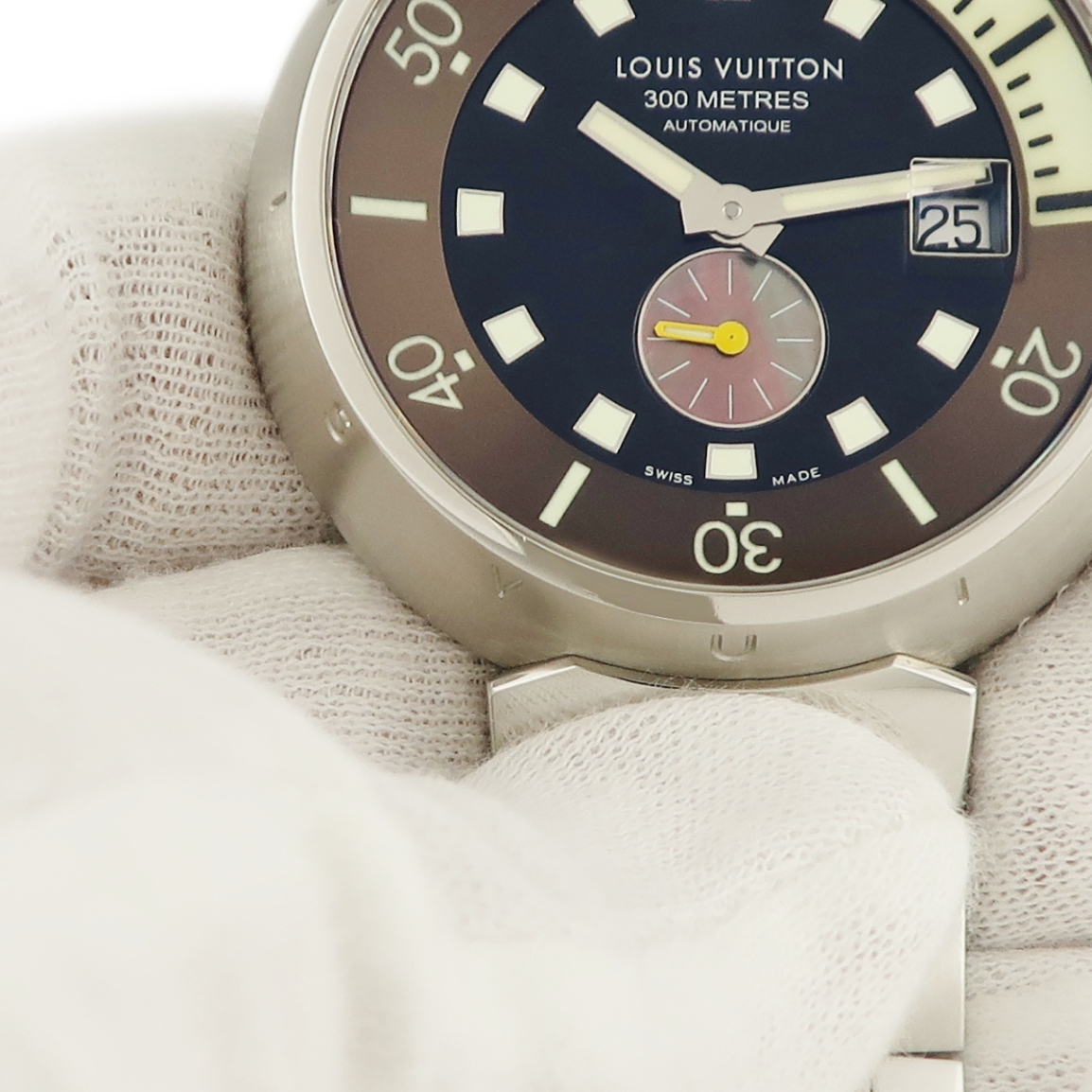 【3年保証】 ルイヴィトン タンブール ダイビング デイト Q1031 黒 茶 シェル 回転式インナーベゼル 自動巻き メンズ 腕時計_画像5
