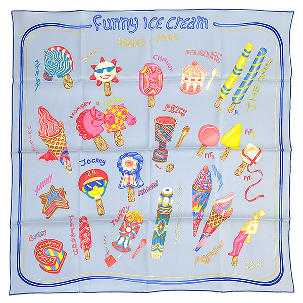 エルメス スカーフ カレ70 CARRE シルク ブルー 新品 未使用【FUNNY ICE CREAM/ファニー アイスクリーム】 中古_画像1