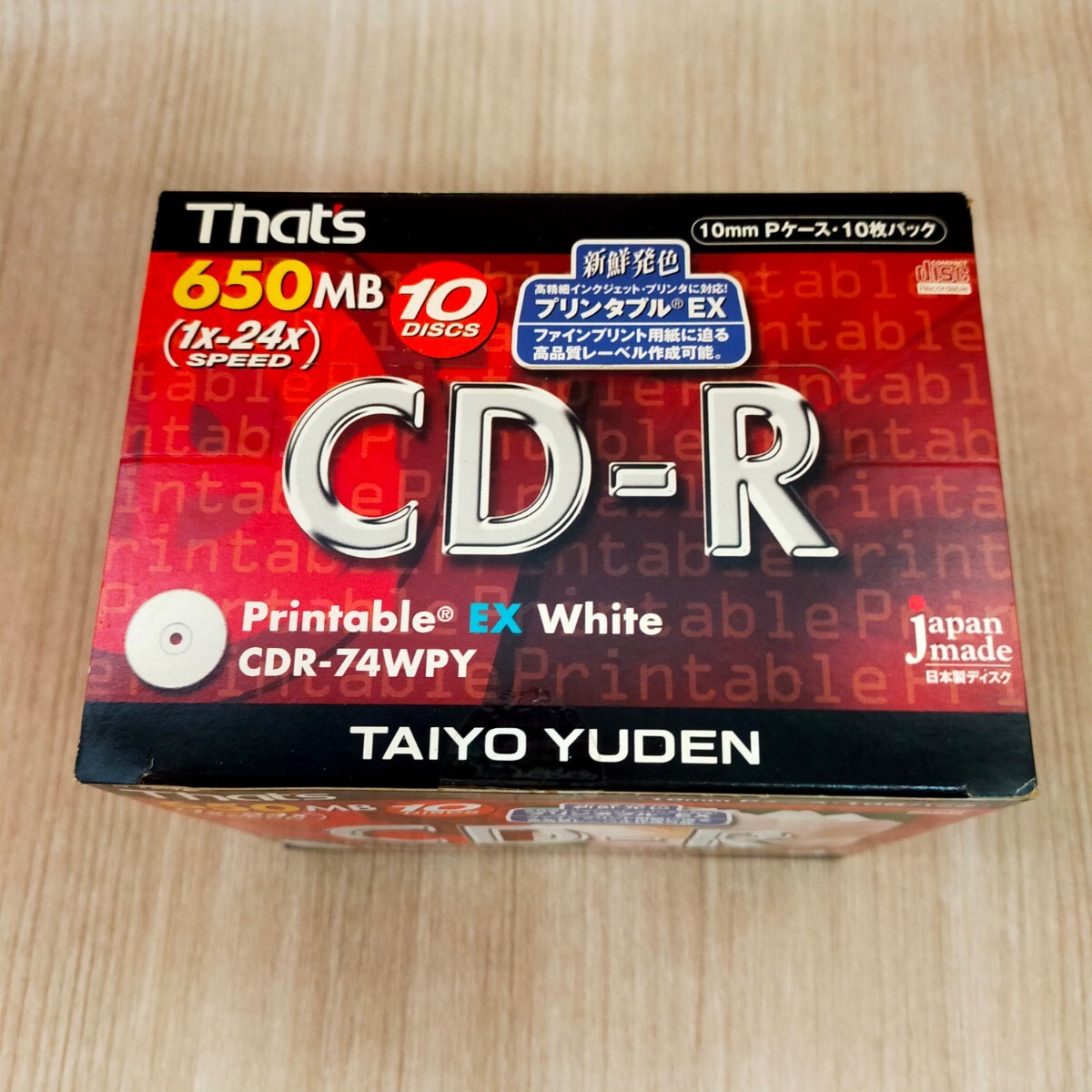 太陽誘電 CD-R That's CDR-74WPY 650MB 10DISCS データ用 プリンタブル 日本製 1〜24倍速 TAIYO YUDEN 【未開封品】　希少　当時物_画像6