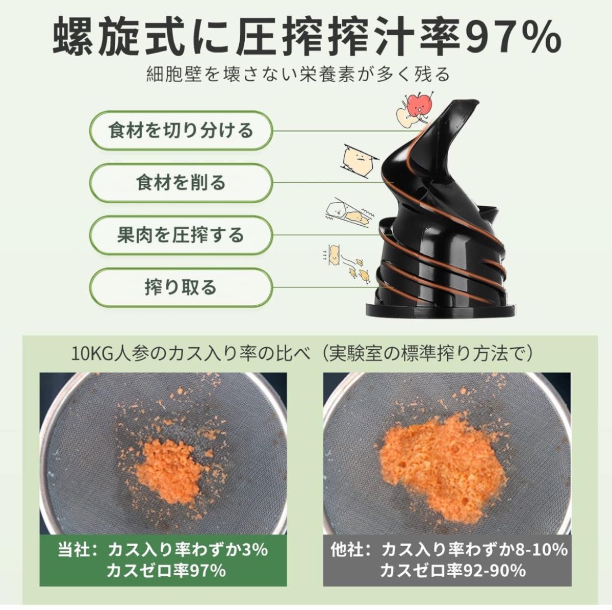 アセキ スロージューサー 搾りカス分離 ジューサー 小型 ミキサー フレッシュジュース レシピ付き 日本語取扱説明書 (グリーン)