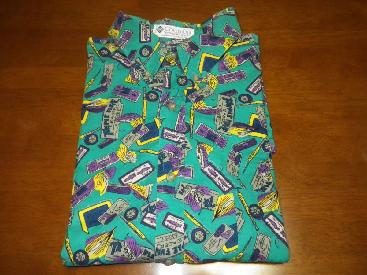  Columbia コロンビア 半袖ボタンダウンシャツ 釣具(フライロッド等)柄 グリーン サイズ:L   着用僅か 極美品の画像1