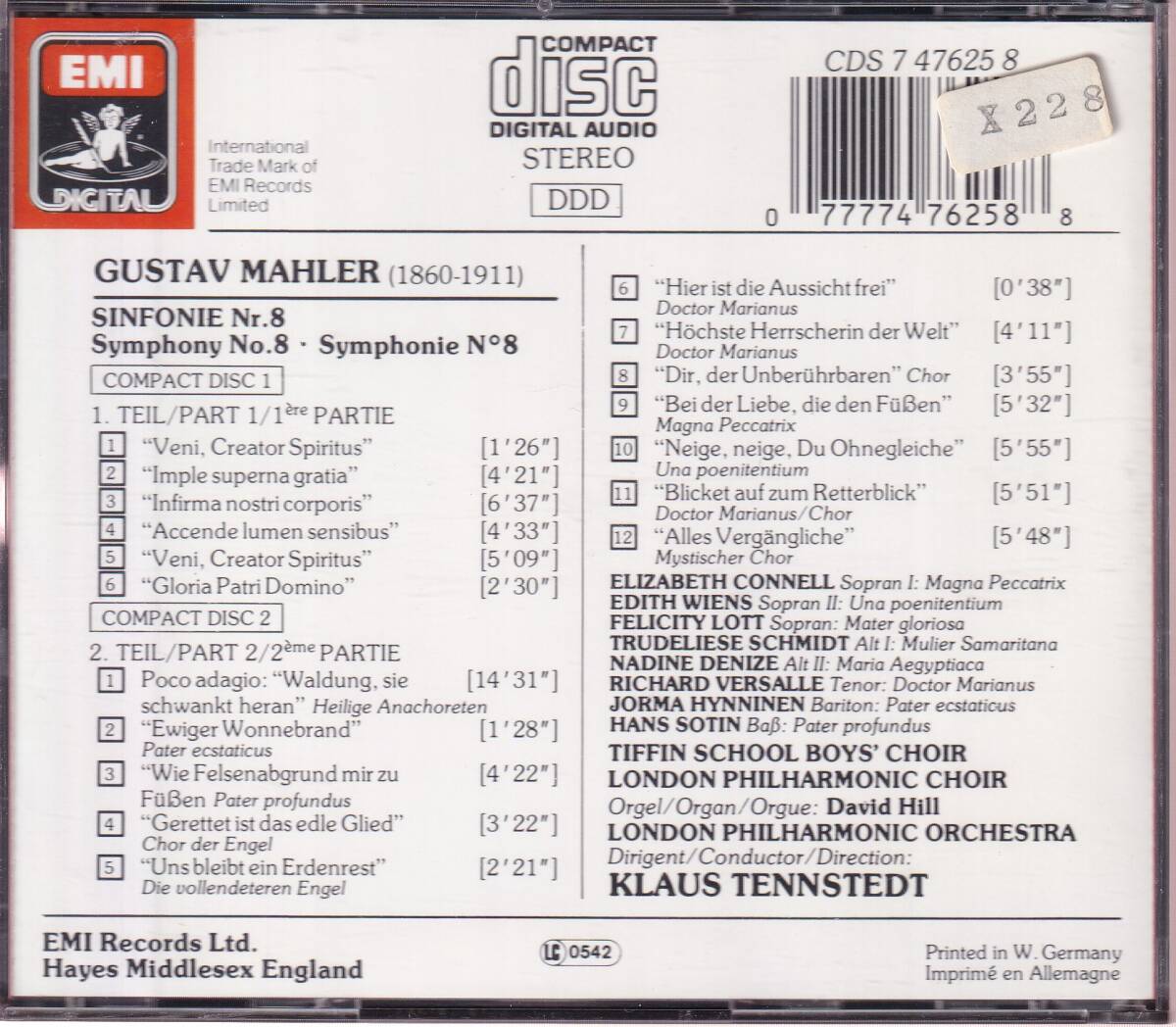 西独EMI初期盤(SONOPRESS)★テンシュテット&ロンドンpo.他/マーラー：交響曲第8番「千人の交響曲」(2CD)の画像2