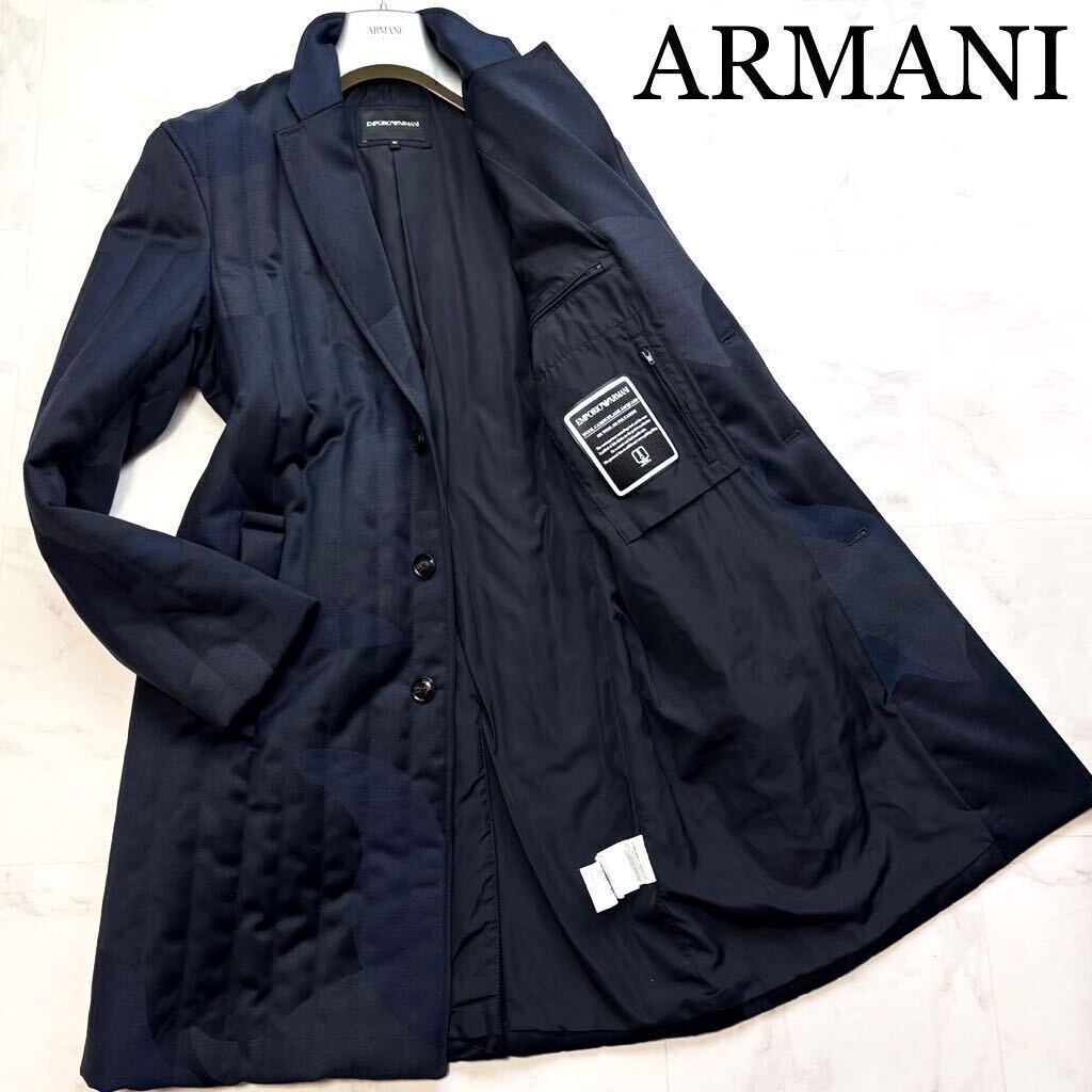 【新品!】定価30万超!幻のXL★アルマーニ EMPORIO ARMANI【溢れる高級感】艶美色チェスターコート 総柄ロングジャケット濃紺ダークネイビーの画像1