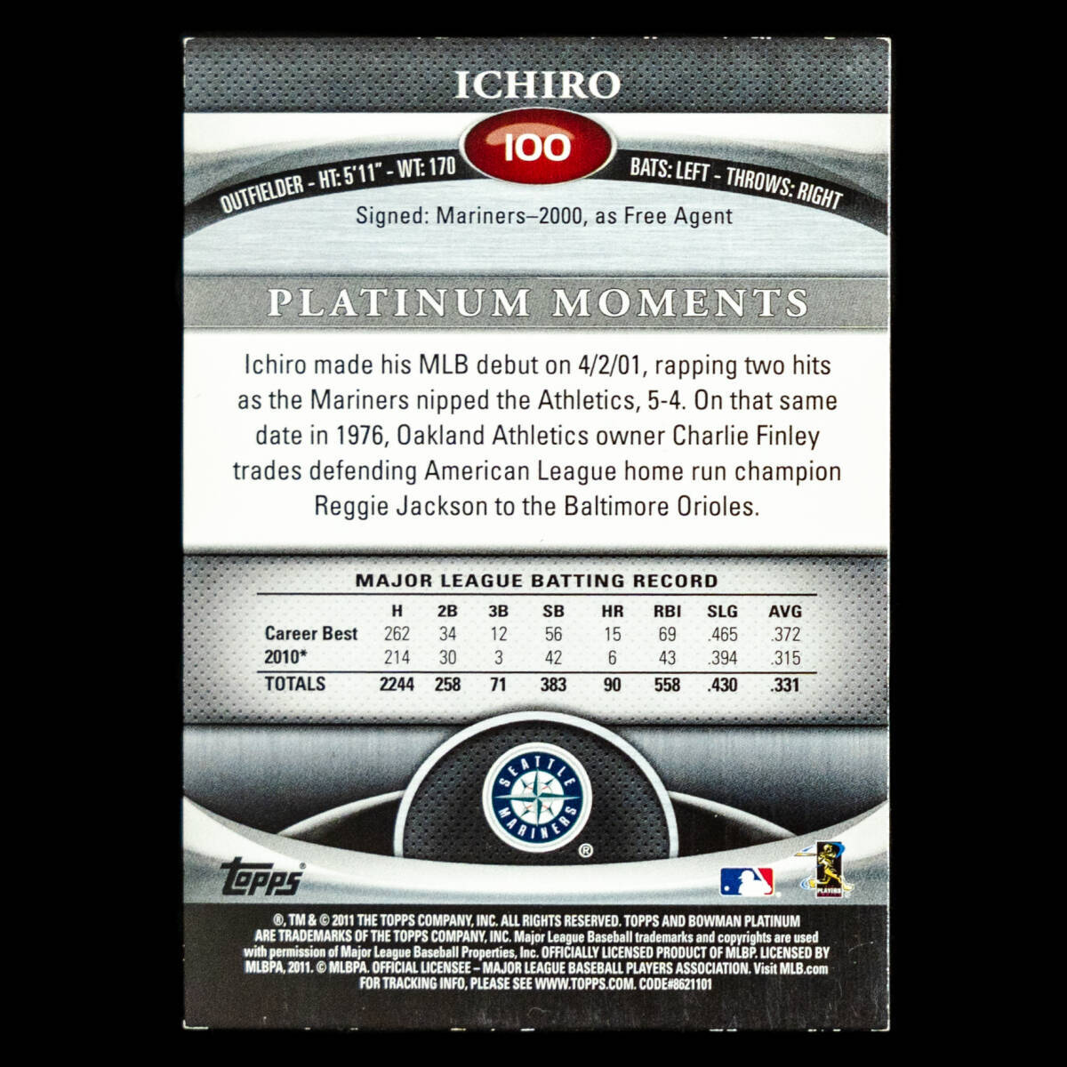 イチロー 2011 Topps Bowman Platinum レインボーフォイルカード No.100_画像2