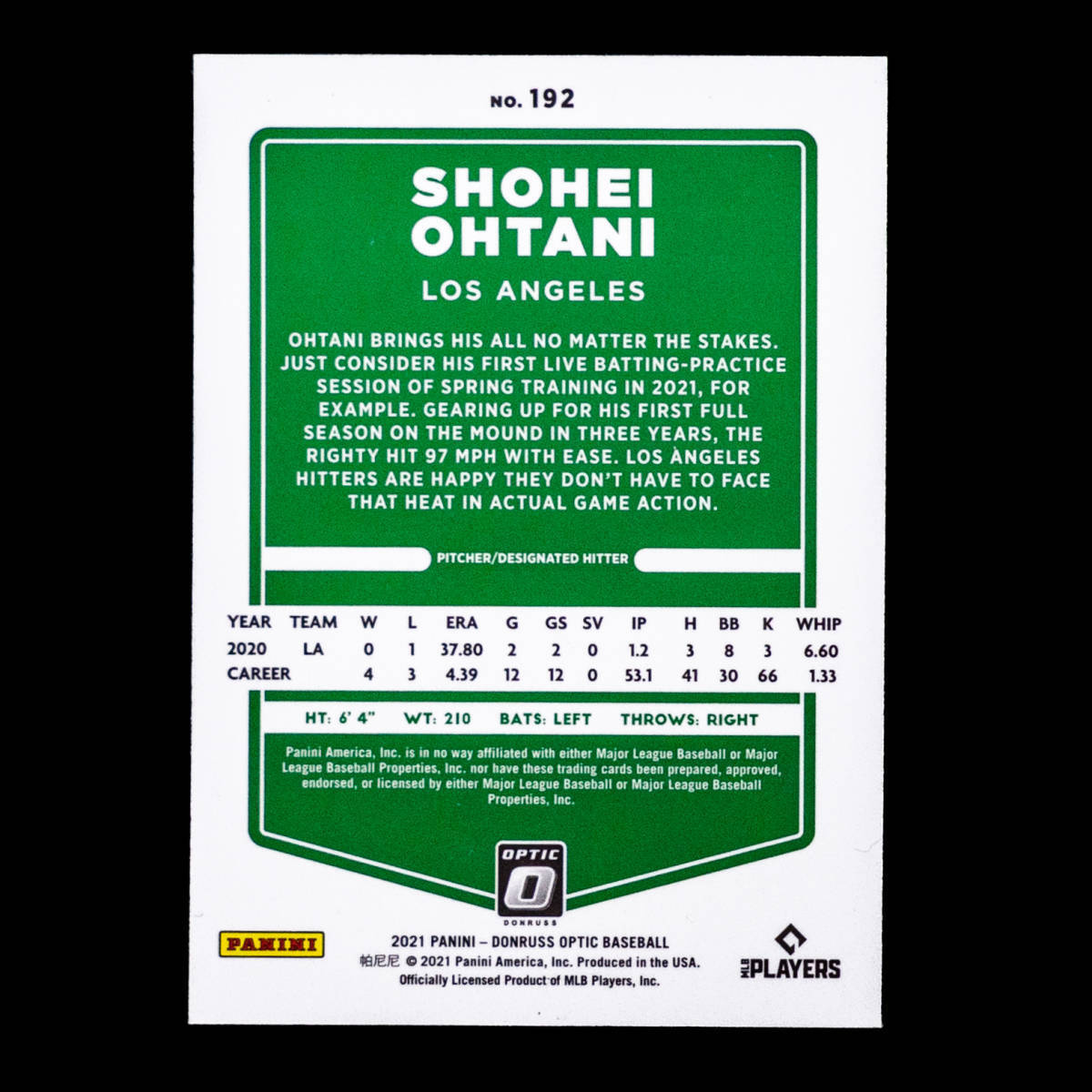 大谷翔平 2021 PANINI DONRUSS OPTIC BASEBALL ベースカード No.192_画像2