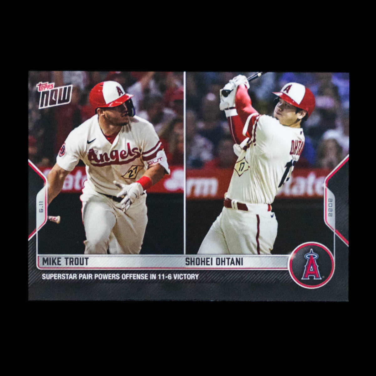 大谷翔平 2022 Topps Now 2022年6月11日 大谷翔平＆トラウトのホームラン 11-6で勝利 シティコネクトユニフォーム カード No.334の画像1