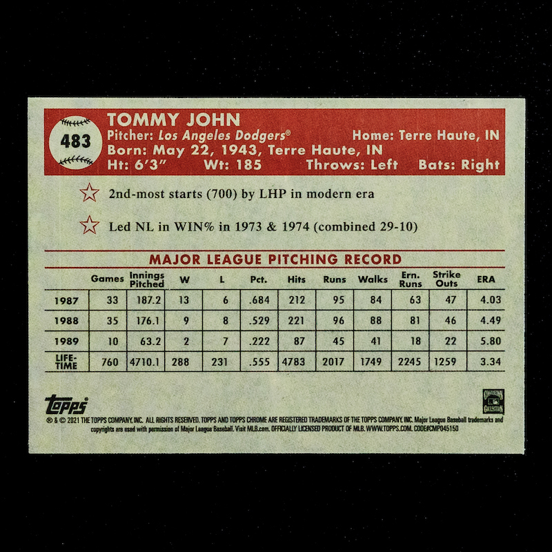 トミー・ジョン 2021 Topps Chrome ベースカード No.483 Tommy John_画像2