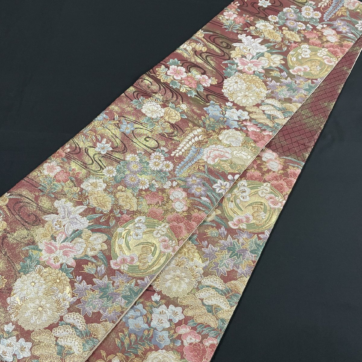 着物月花 唐織 引箔 品のある花 袋帯 六通柄 正絹 金糸 ob1496の画像7