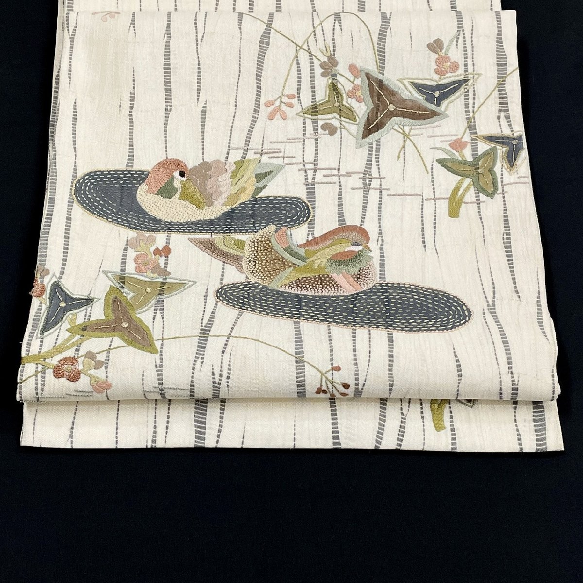 着物月花 総刺繍 相良刺繍 絞り 鴛鴦 紬袋帯 お太鼓柄 正絹 金糸 ob1498の画像1