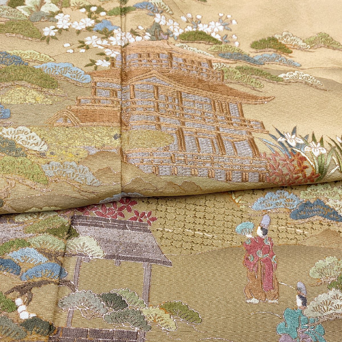 着物月花 総刺繍 蘇州刺繍 仙頭刺繍 金彩 金閣寺 風景 色留袖 正絹 共八掛 五つ紋 ki1353の画像1