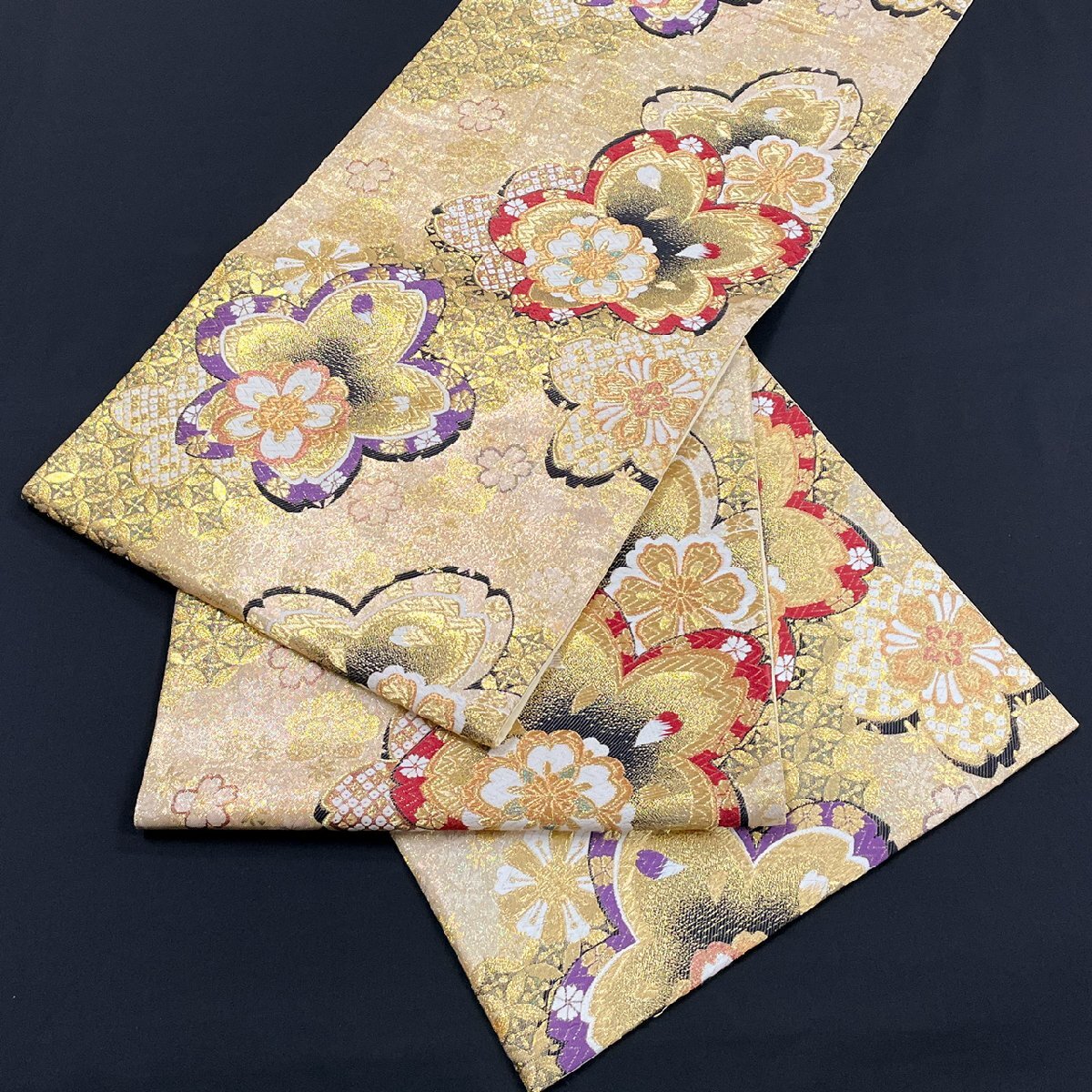 着物月花 煌びやかな花 袋帯 六通柄 正絹 金糸 ob1567の画像1