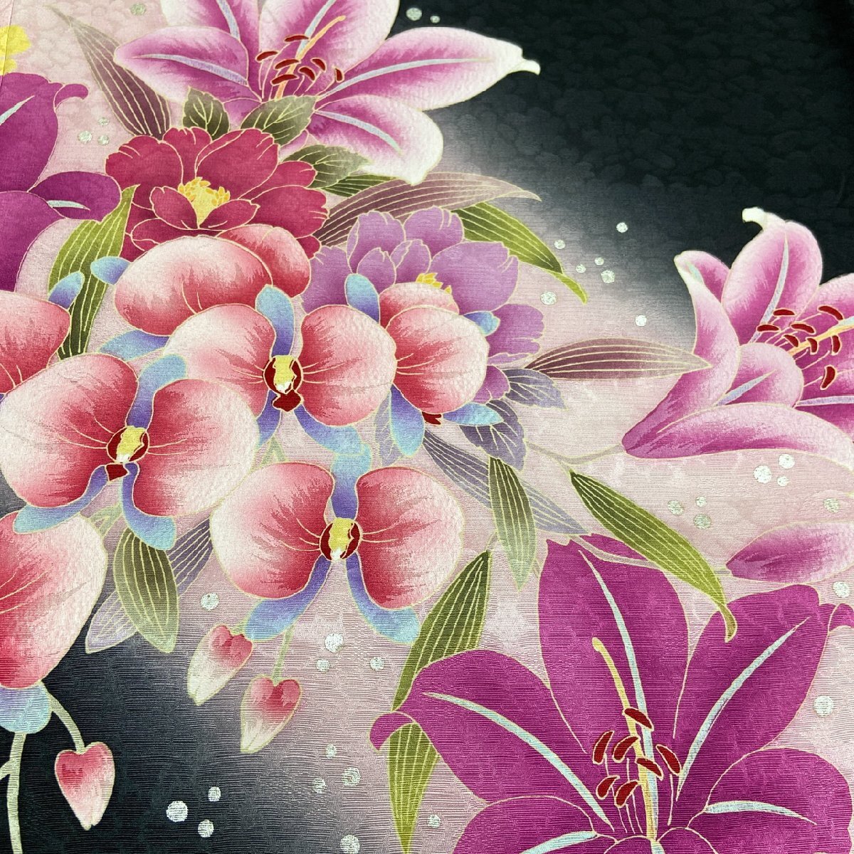  kimono month flower embroidery gold paint bokashi . possible .. flower long-sleeved kimono silk gold thread ki1429