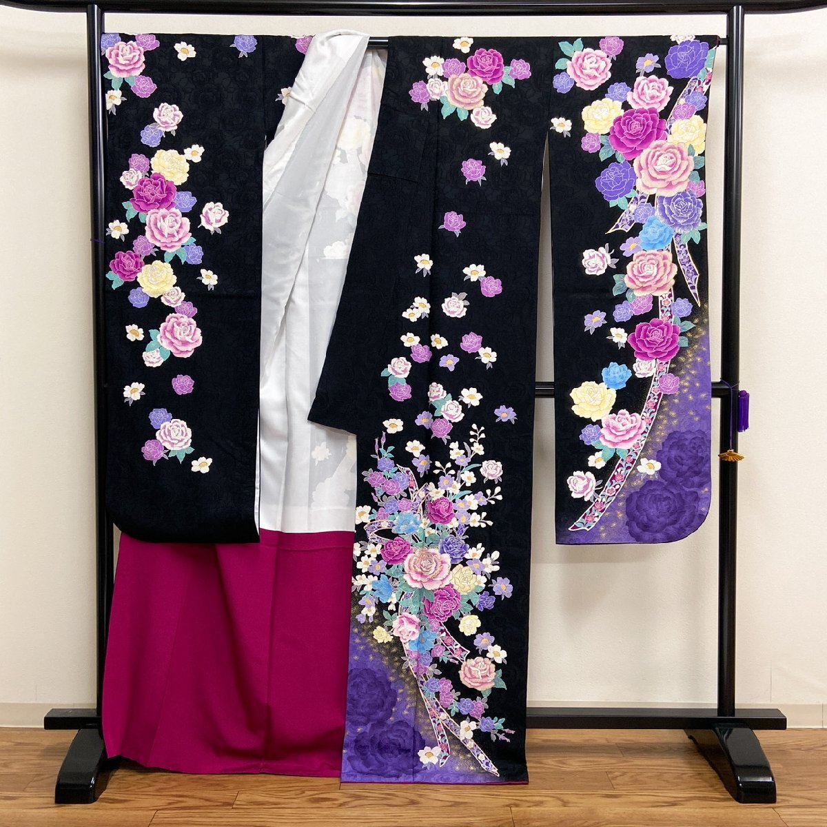  kimono month flower gold paint embroidery bokashi . possible .. rose long-sleeved kimono silk gold silver thread also ..ki1430