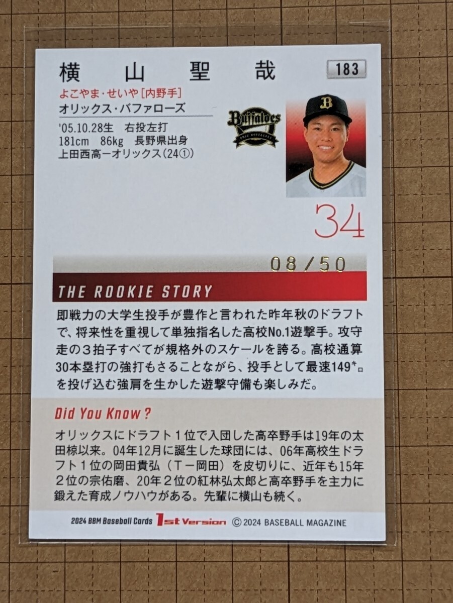 横山聖哉【2024 BBM BASEBALL CARDS 1st Version】ファースト オリックス RC #183 ベース ホロ箔サインパラレル版 50枚限定_画像2