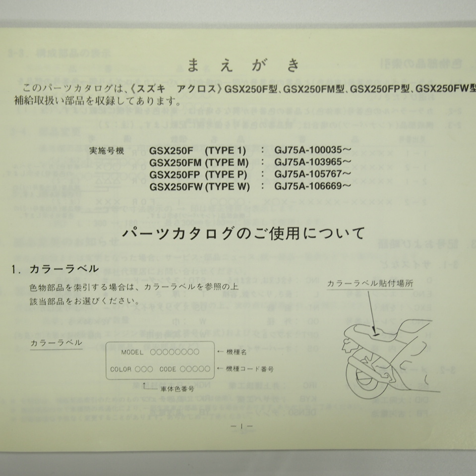 即決4版GSX250F/FM/FP/FWパーツリストGJ75Aアクロス1998年5月発行_画像3