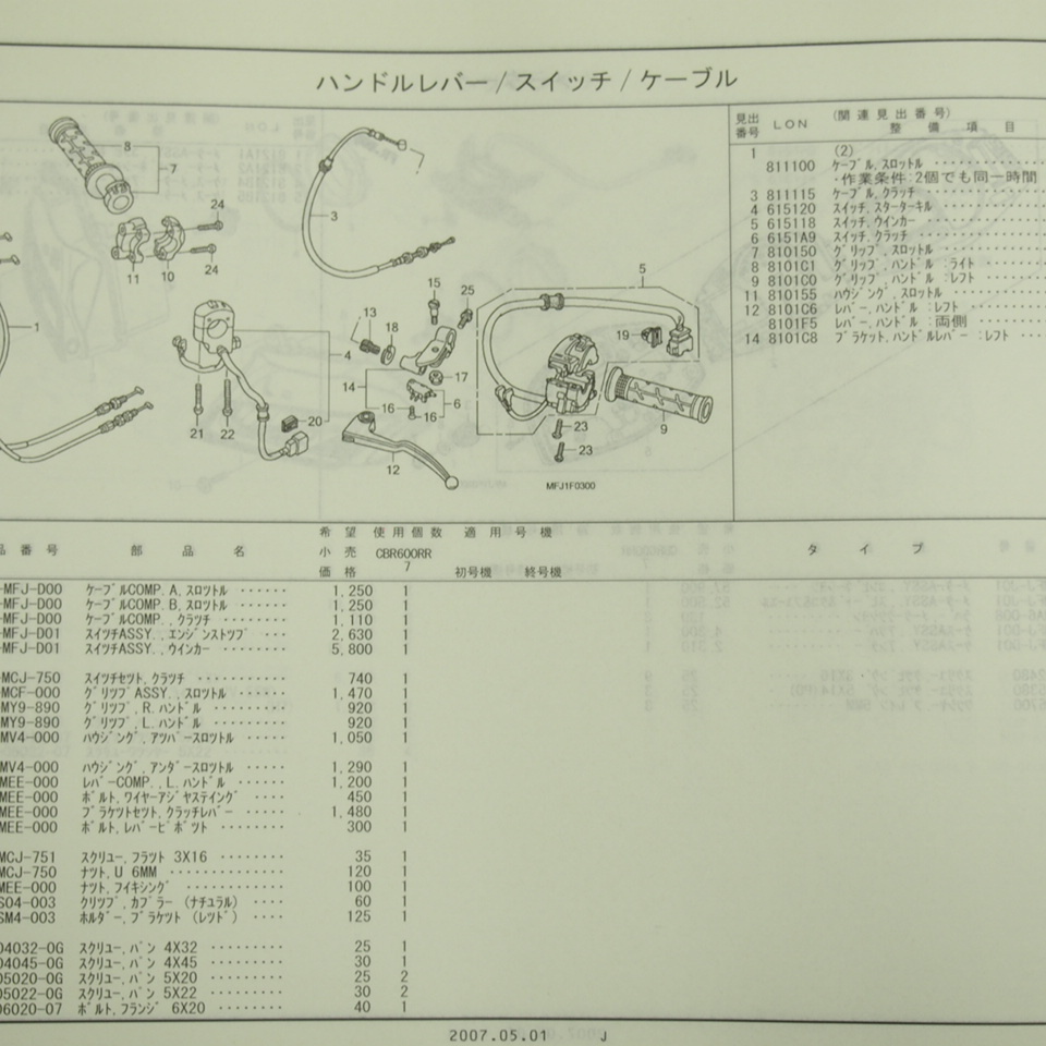 1 версия CBR600RR список запасных частей PC40-100 эпоха Heisei 19 год 5 месяц выпуск CBR600RR7