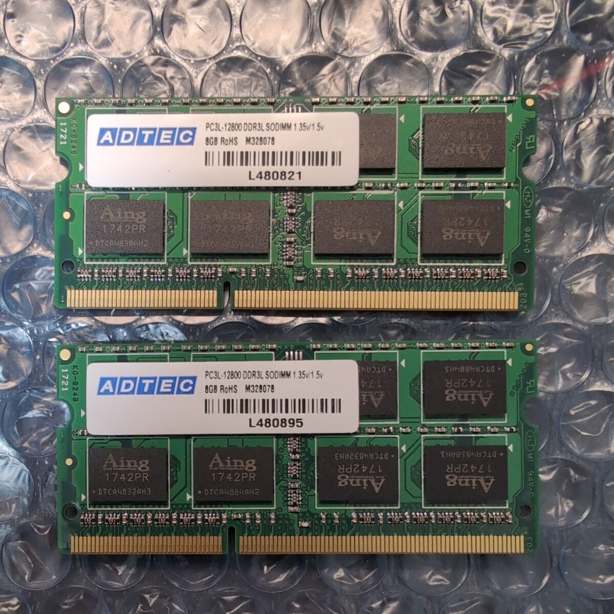 【新品/2枚】ADTEC 8GB DDR3L-1600 PC3L-12800 1.35V/1.5V so-dimm ノートパソコン向けメモリ 低電圧版　バルク品　合計16GB_画像1