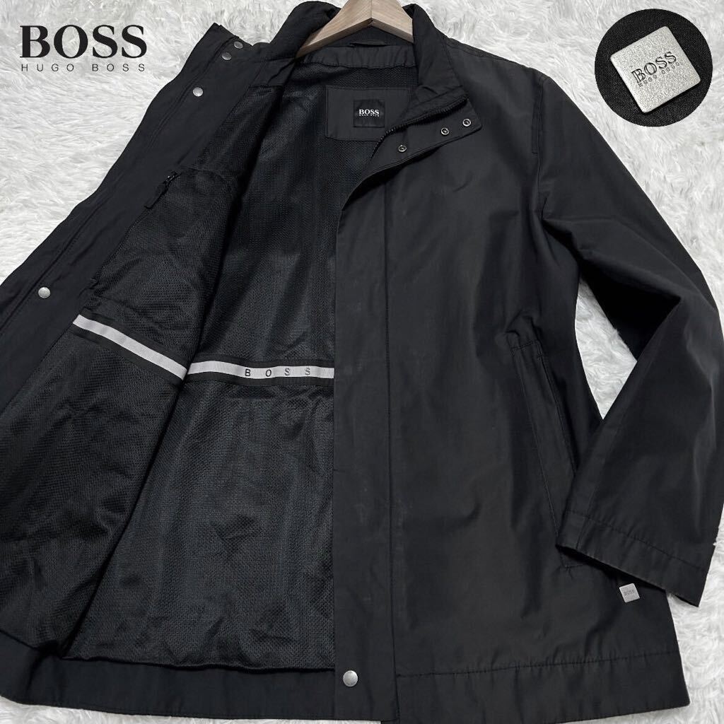 希少XLサイズ(50)●HUGO BOSS ヒューゴボス ステンカラー スタンドカラー スプリング ロング ジャケット ビジネス 黒 比翼 メンズ 春秋冬の画像1