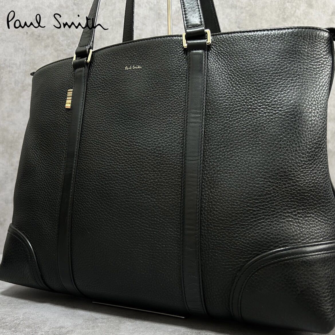 極美品/近年モデル●Paul Smith ポールスミス マルチストライプ トートバッグ ビジネスバッグ 肩掛け 大容量 A4可 レザー 本革 黒 メンズの画像1