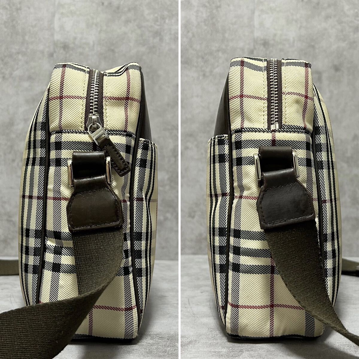 1円●美品●BURBERRY バーバリー ノバチェック キャンバス レザー 本革 ショルダーバッグ クロスボディ 斜め掛け ベージュ系 プレートロゴの画像4