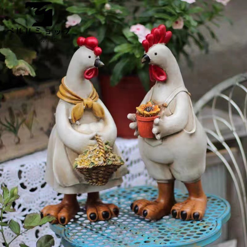 庭園置物 庭飾りガーデンオーナメント屋外アクセント小物オーナメント雄鶏と雌鶏ニワトリ 夫婦 2個_画像1