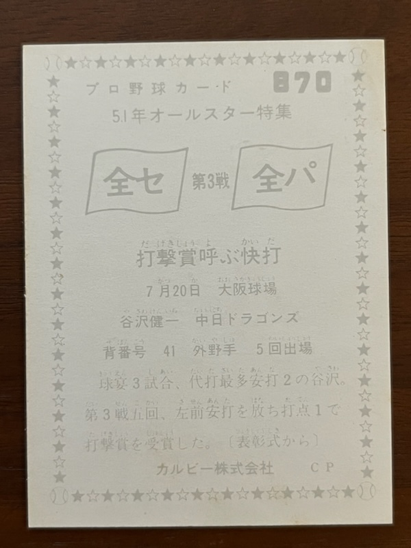 カルビープロ野球カード　NO870　谷沢健一_画像2