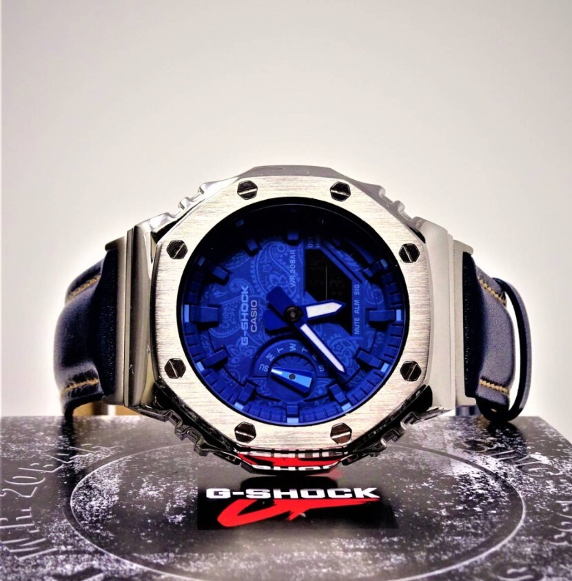 未使用・新品・Gショックカスタム本体付きGA2100ステンレス製シルバーベゼル＆本革レザーベルト・ペズリー柄ブルー文字盤メンズ腕時計の画像8