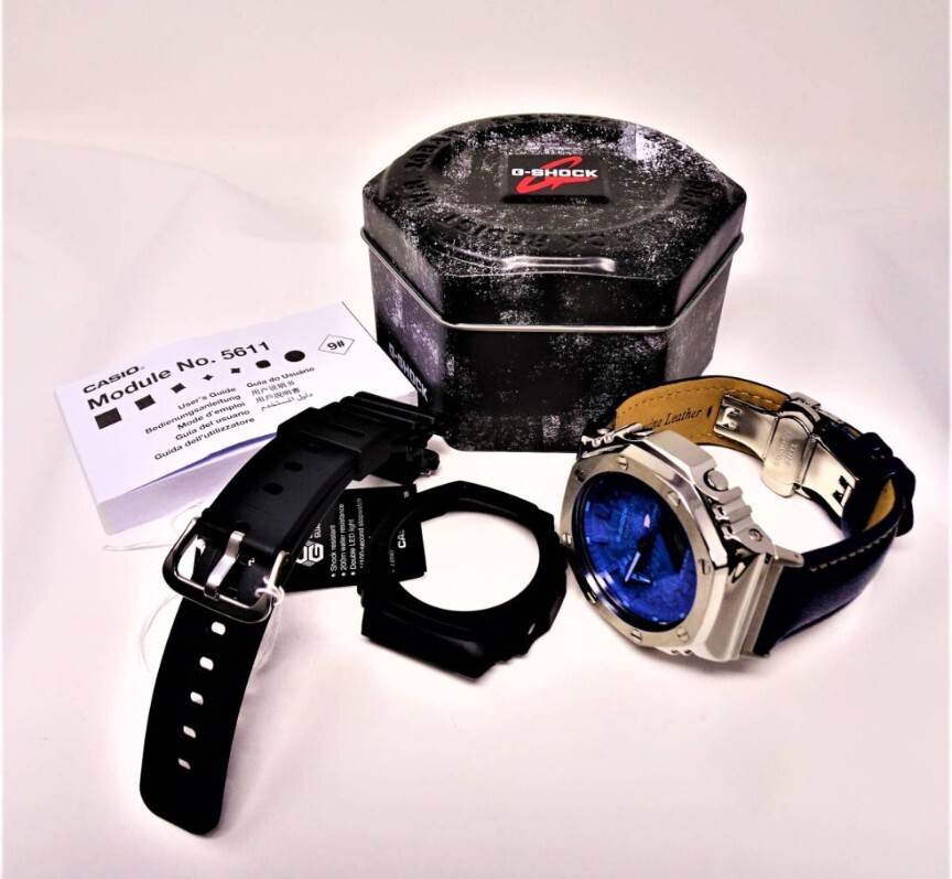 未使用・新品・Gショックカスタム本体付きGA2100ステンレス製シルバーベゼル＆本革レザーベルト・ペズリー柄ブルー文字盤メンズ腕時計の画像9