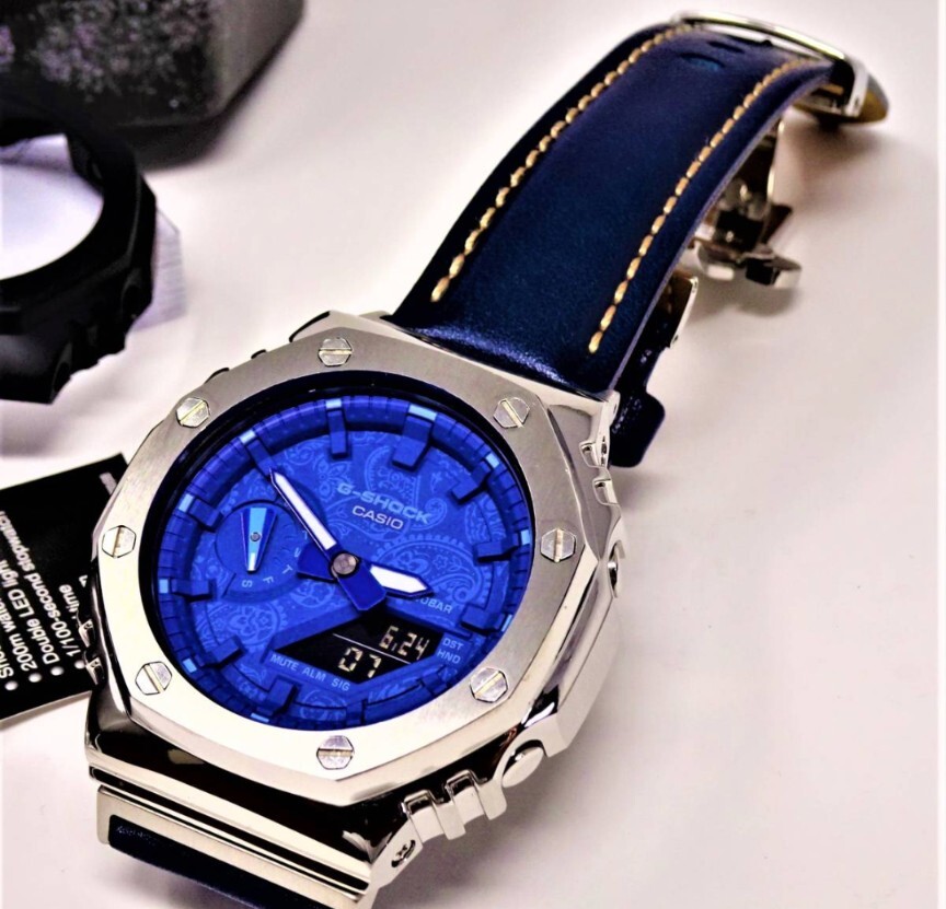 未使用・新品・Gショックカスタム本体付きGA2100ステンレス製シルバーベゼル＆本革レザーベルト・ペズリー柄ブルー文字盤メンズ腕時計の画像7