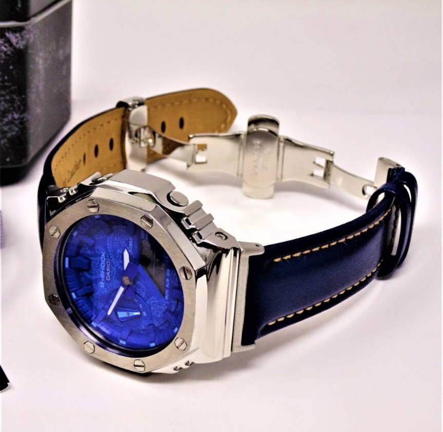 未使用・新品・Gショックカスタム本体付きGA2100ステンレス製シルバーベゼル＆本革レザーベルト・ペズリー柄ブルー文字盤メンズ腕時計の画像5